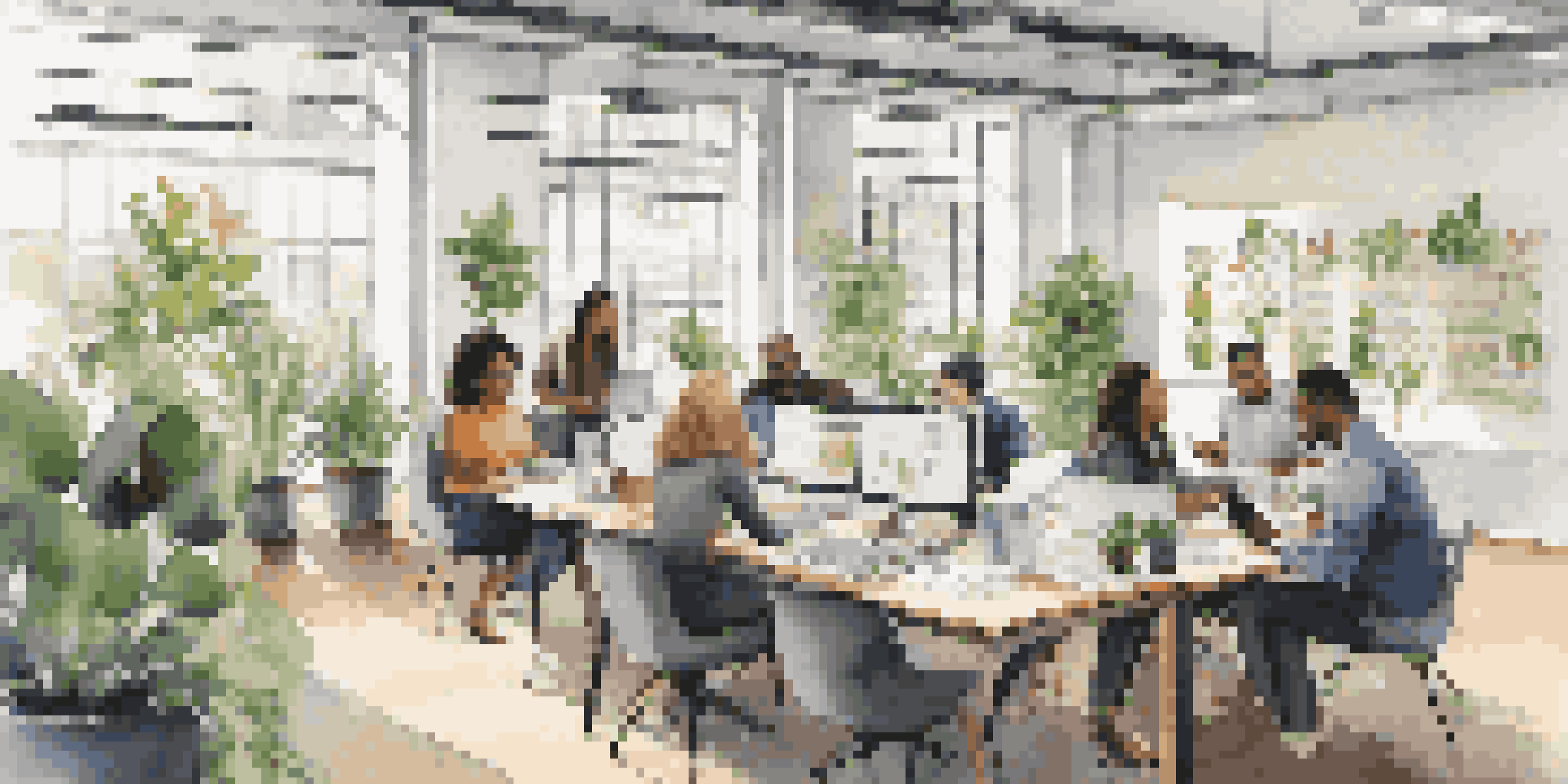 A diverse group of employees collaborating in a modern office, surrounded by laptops and notebooks, with natural light and motivational quotes on the walls.