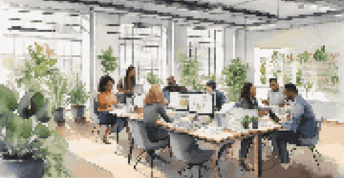 A diverse group of employees collaborating in a modern office, surrounded by laptops and notebooks, with natural light and motivational quotes on the walls.