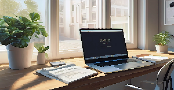 A tranquil office workspace with a wooden desk, an open laptop displaying code, and a potted plant, illuminated by soft natural light.
