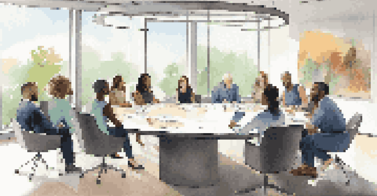 A diverse group of professionals having a discussion in a bright conference room with a round table.