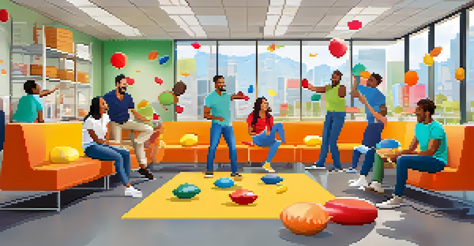 Employees enjoying a playful team-building activity in a colorful break room, fostering creativity and camaraderie.
