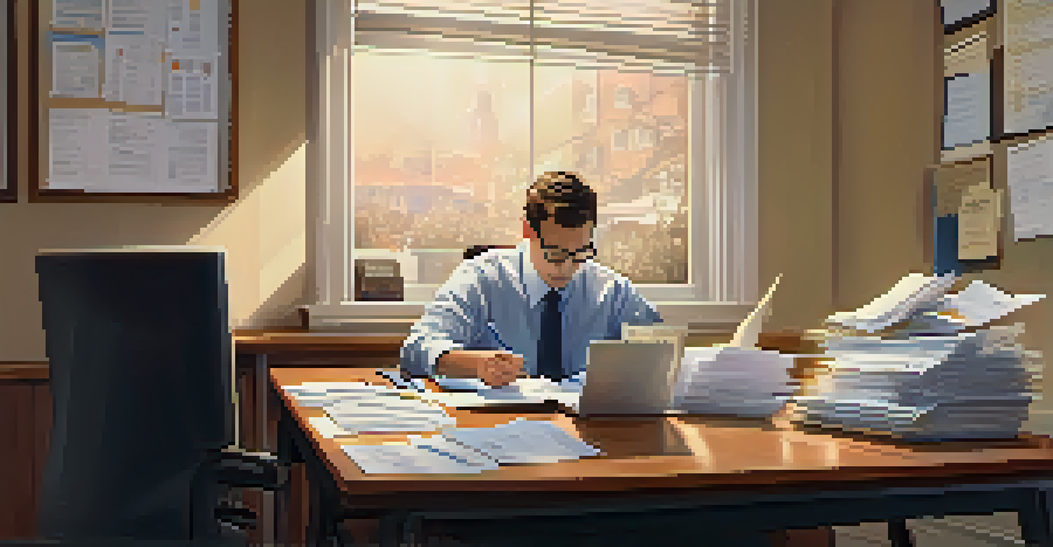 A professional reviewing health insurance documents at a desk with a calculator and coffee, in a warm and cozy setting.
