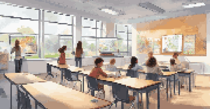 A diverse group of students in a well-lit classroom, using interactive technology and engaging with educational materials.