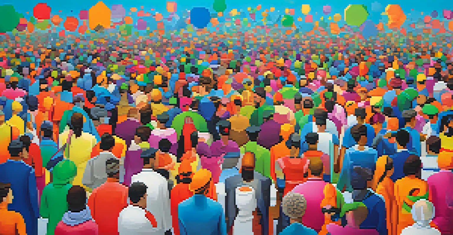 Colorful avatars of various professions interacting in a vibrant digital community, set against an abstract and colorful background.
