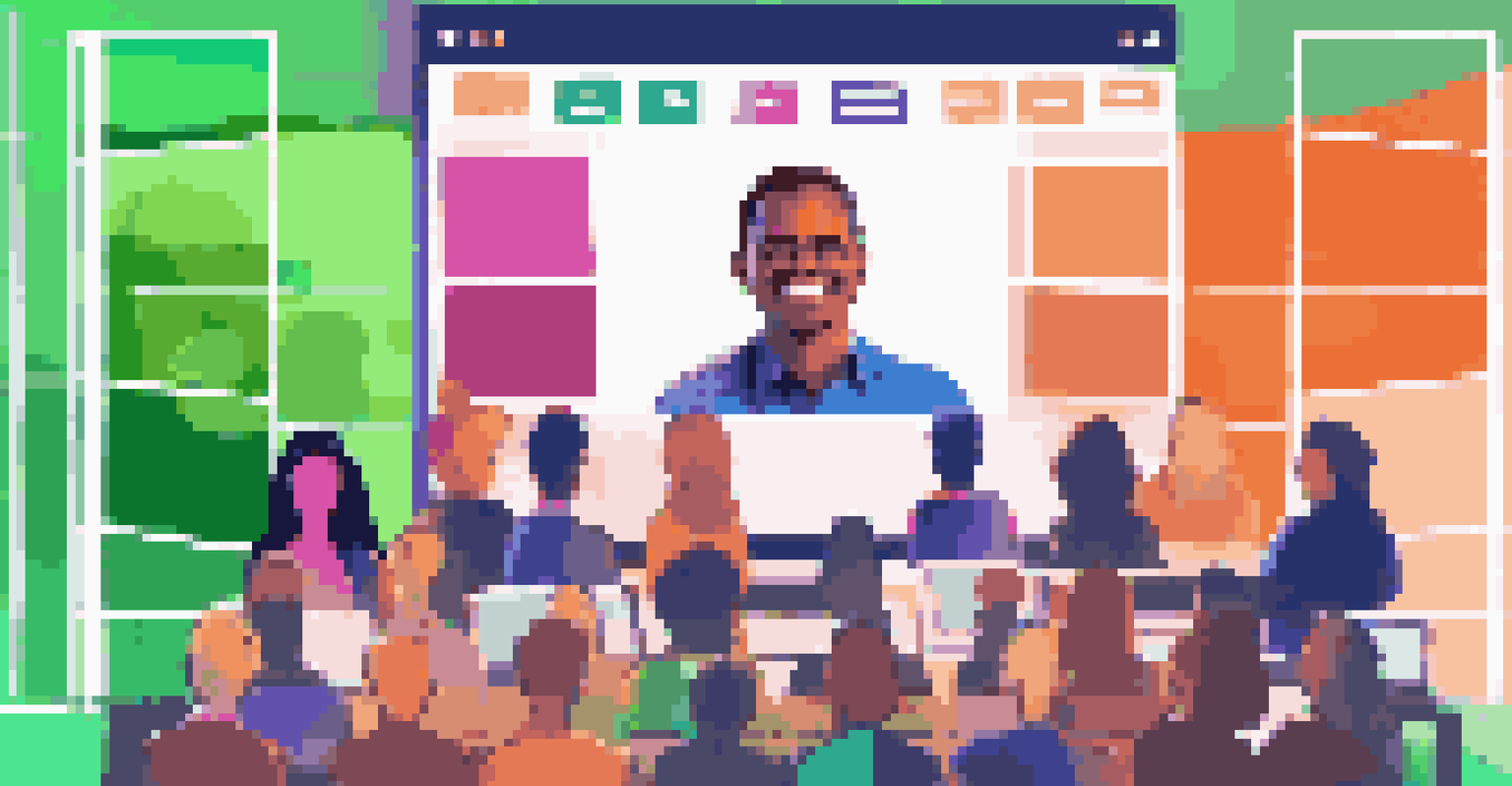 An online webinar with a speaker presenting to a grid of participants, all engaged and smiling.