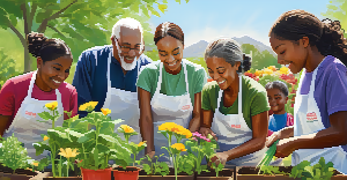 A diverse group of volunteers planting in a community garden, surrounded by flowers and vegetables, enjoying a sunny day.