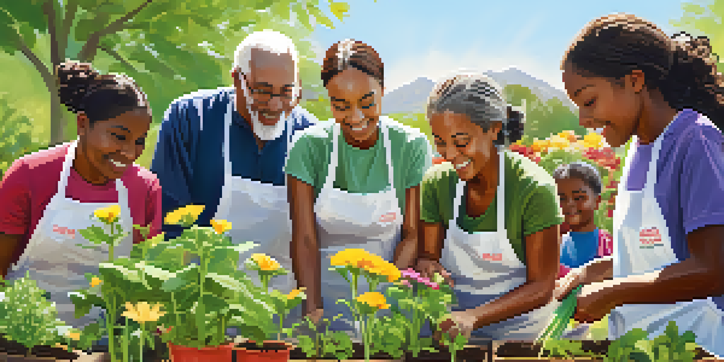 A diverse group of volunteers planting in a community garden, surrounded by flowers and vegetables, enjoying a sunny day.