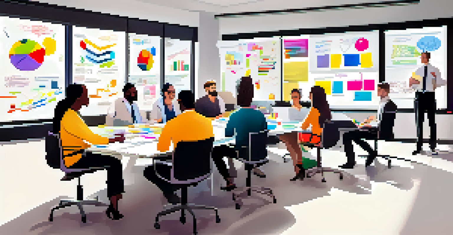 A diverse group of professionals collaborating in a bright conference room, filled with charts and notes, showcasing teamwork and creativity.