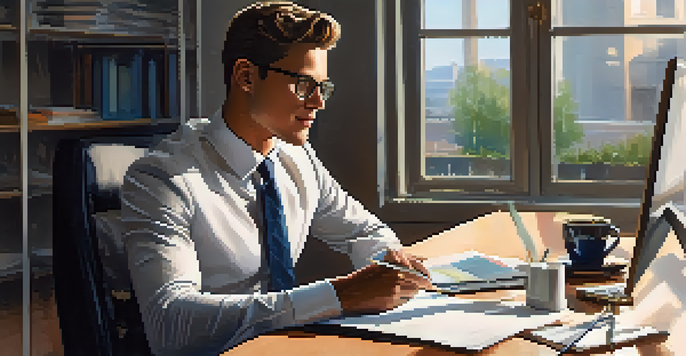 A young professional in business attire sitting at a desk focused on preparing for a job interview, with a laptop and notepad around them.