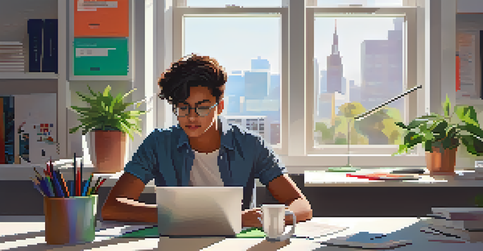 A young intern working at a modern desk with a laptop, colorful stationery, a potted plant, and a coffee cup, illuminated by natural light.