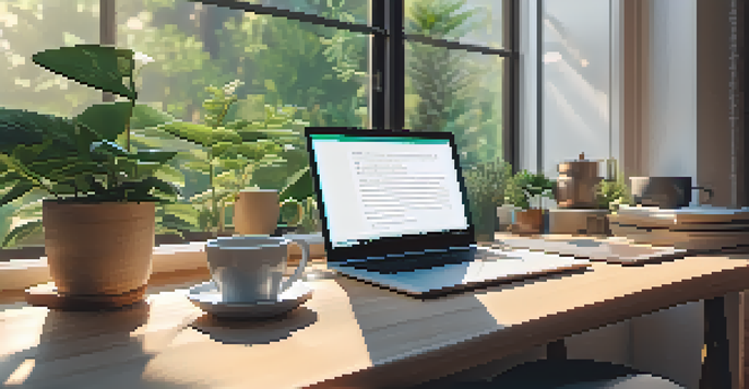 A tranquil workspace featuring a wooden desk with a laptop displaying a career assessment quiz, green plants, and a cup of coffee, bathed in soft morning light.