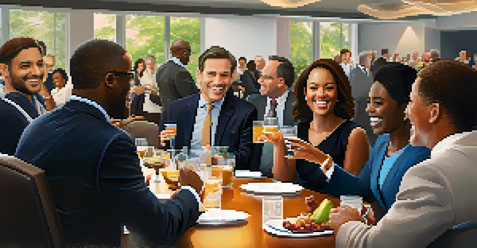 A diverse group of professionals networking and sharing ideas in a conference room.