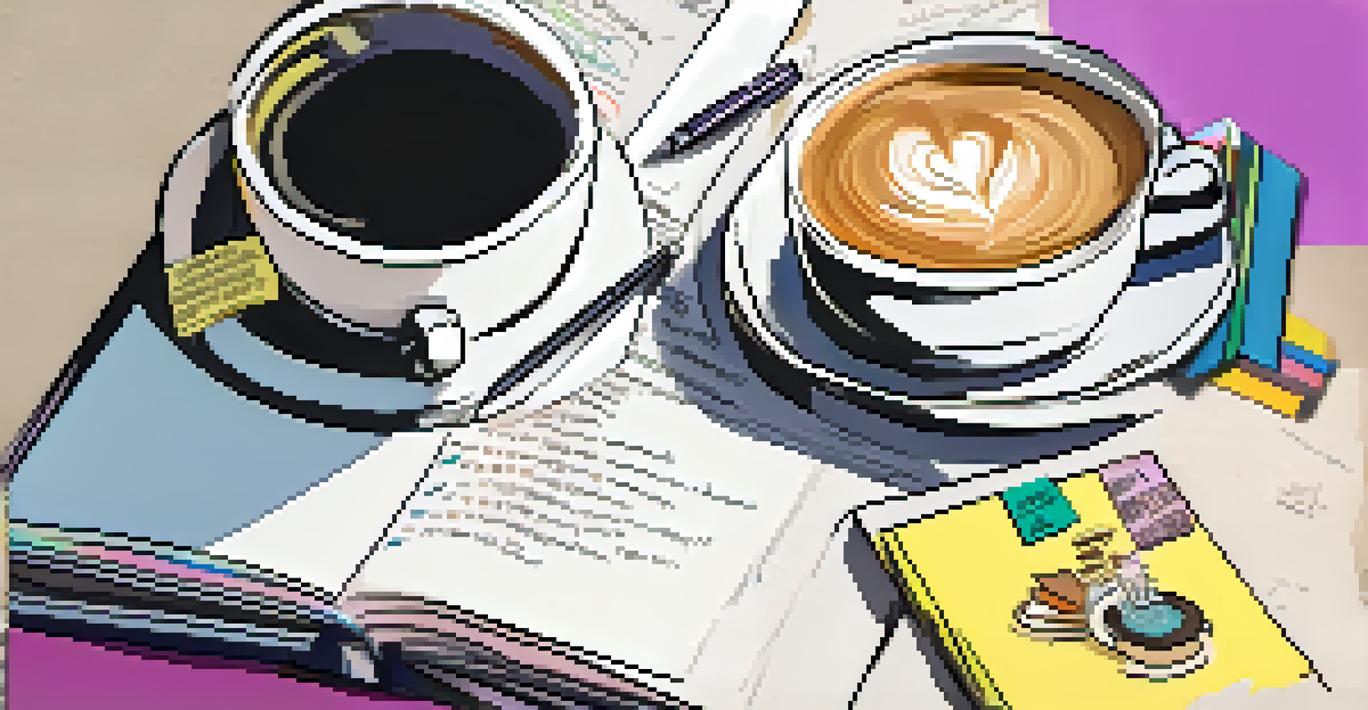 A person's hands writing in a journal filled with career goals and values, with a cup of coffee and an open laptop beside them.