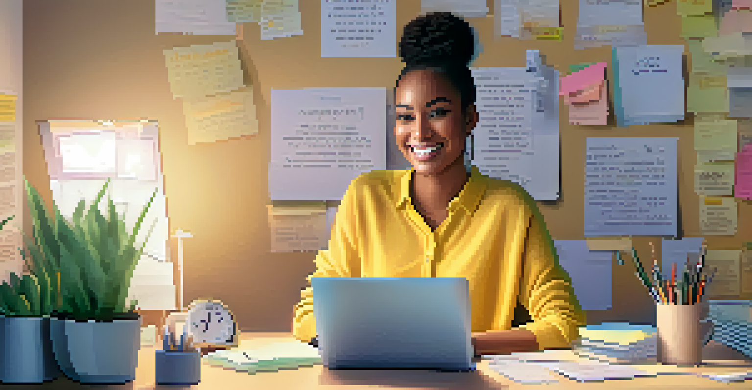 A smiling employee at a cozy desk with motivational sticky notes and warm lighting, embodying a supportive work culture.