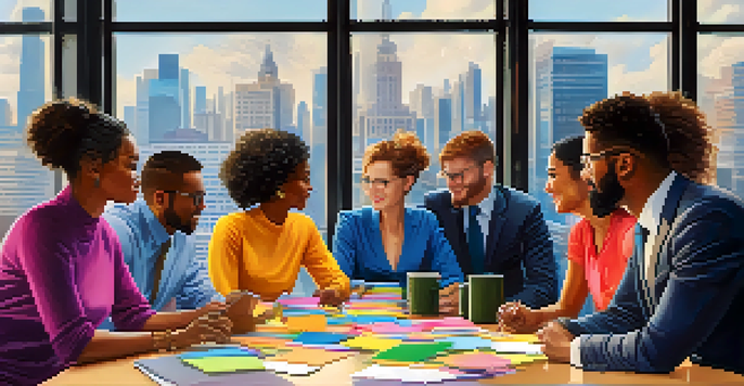 A diverse group of professionals collaborating around a table, with a city skyline visible through a window, showcasing their unique cultural backgrounds and vibrant expressions.