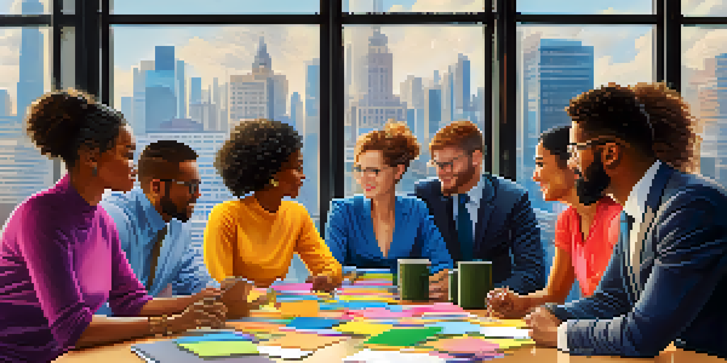 A diverse group of professionals collaborating around a table, with a city skyline visible through a window, showcasing their unique cultural backgrounds and vibrant expressions.