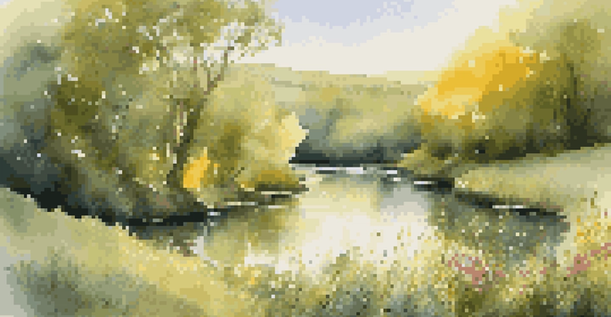 A tranquil river flowing through a vibrant green landscape with colorful wildflowers along the banks and sunlight sparkling on the water.