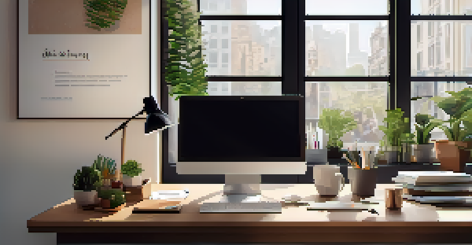 A bright and organized office workspace with a laptop, a potted plant, and motivational quotes on the walls.
