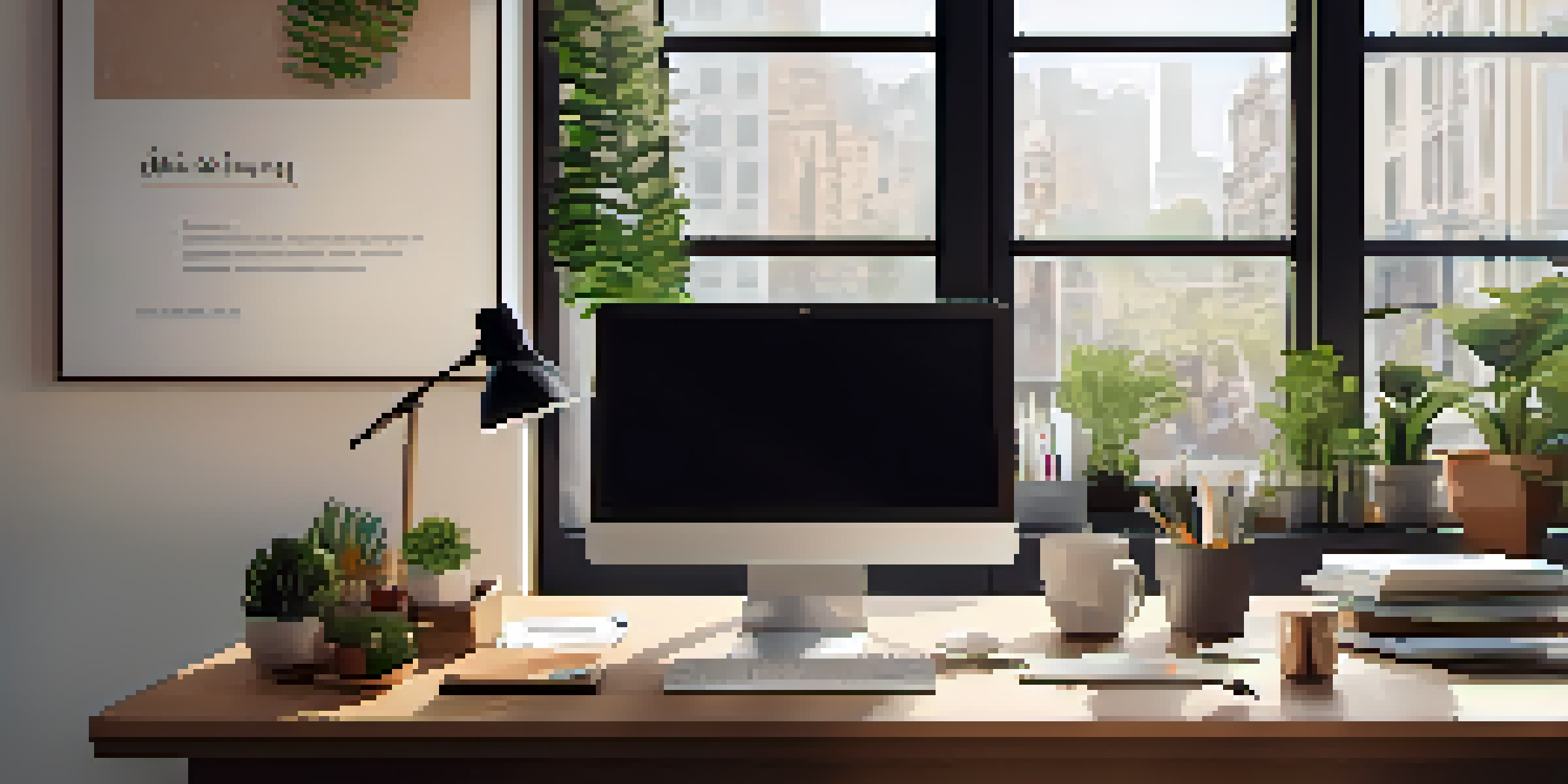 A bright and organized office workspace with a laptop, a potted plant, and motivational quotes on the walls.