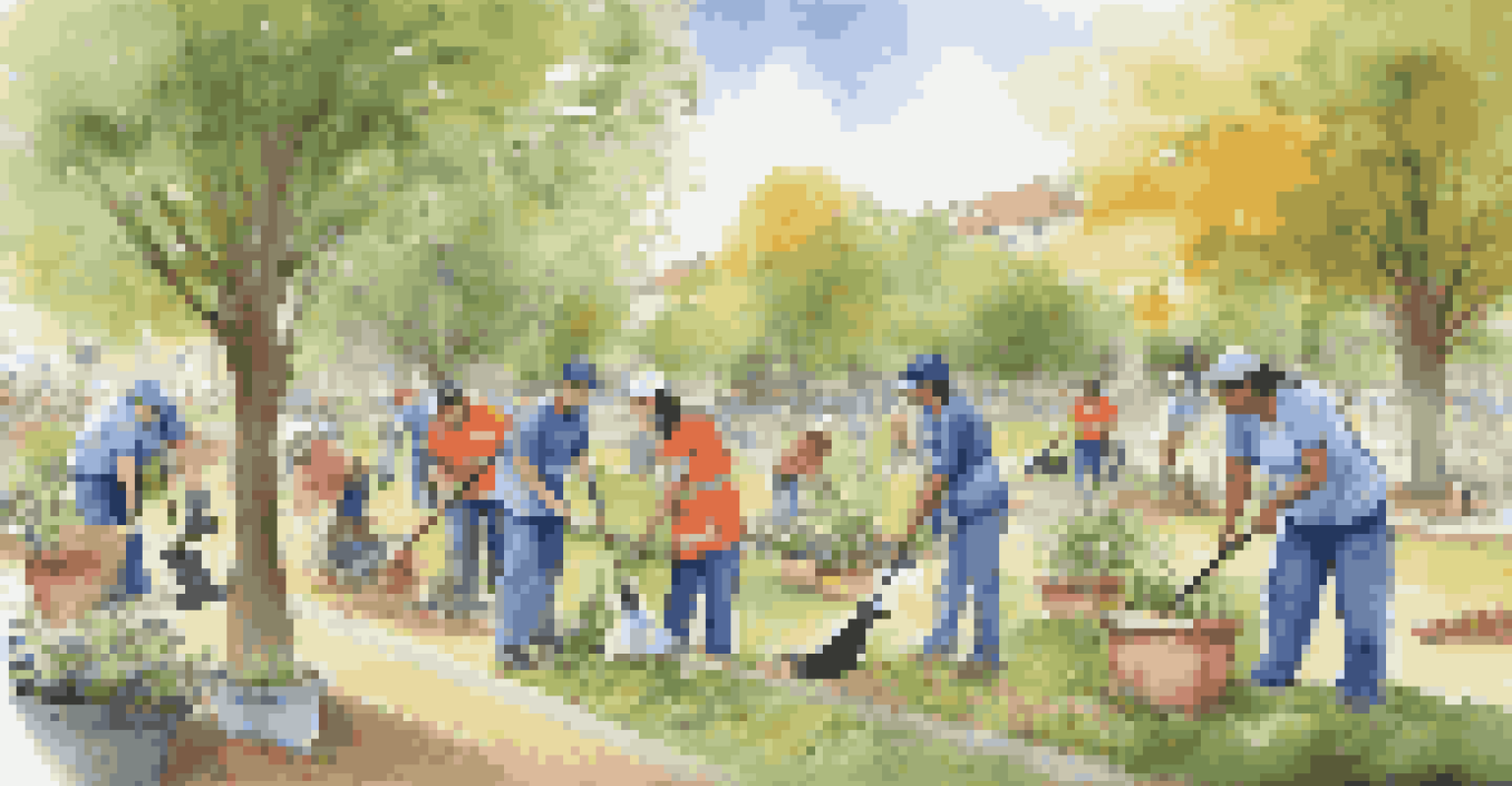 Employees from various backgrounds volunteering at a community event, cleaning up a park and planting trees, showcasing teamwork and social responsibility.