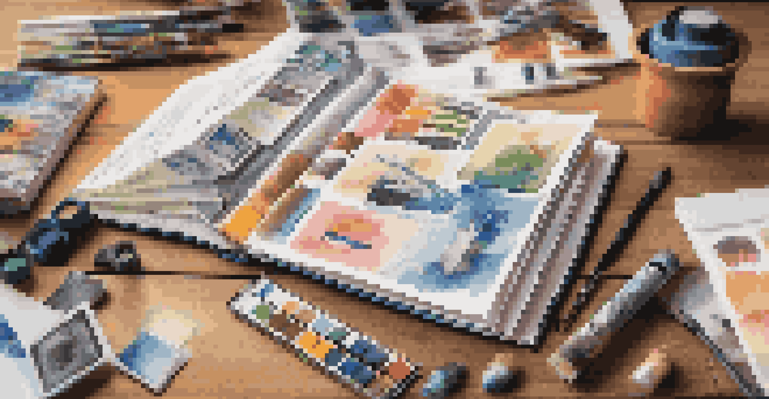 An open portfolio book showcasing colorful graphic design projects on a wooden table with an artist's studio in the background.