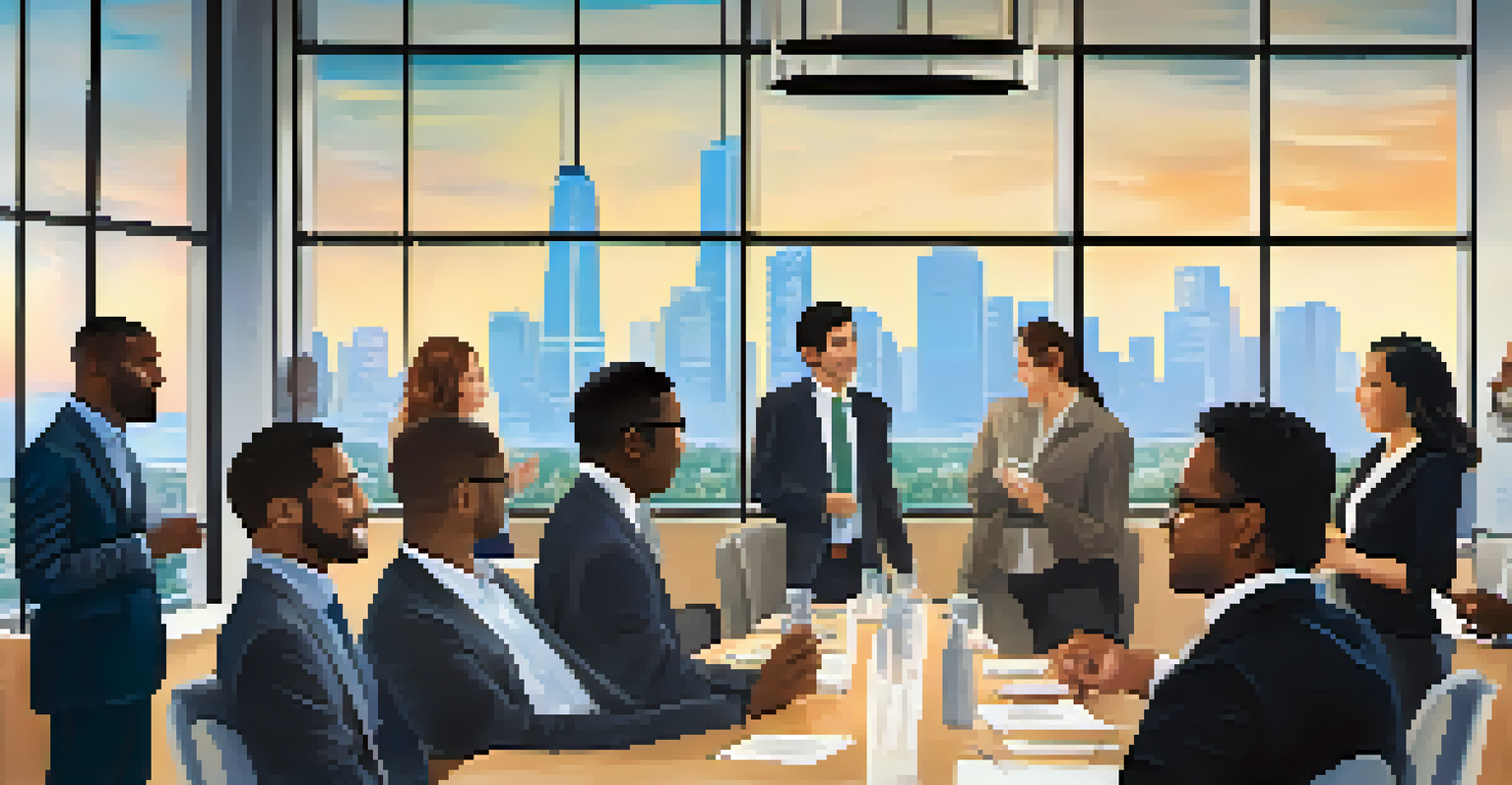 A diverse group of professionals networking in a conference room, with a city skyline visible through the window.