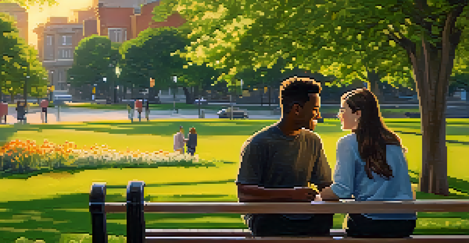 A mentor and mentee having a meaningful conversation on a park bench, surrounded by a lush green landscape during sunset.