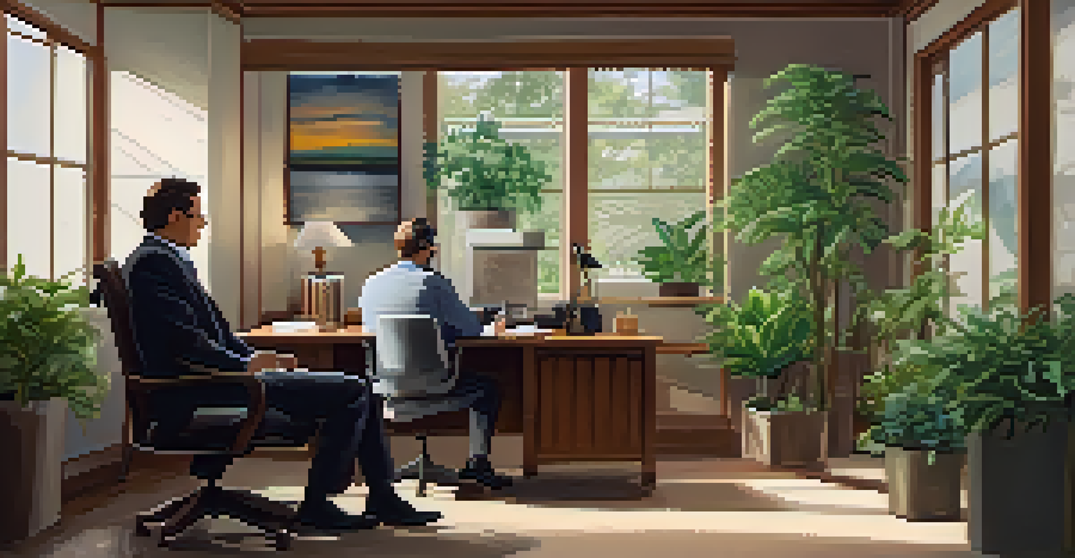 A manager and employee engaged in a focused conversation in a cozy office corner.