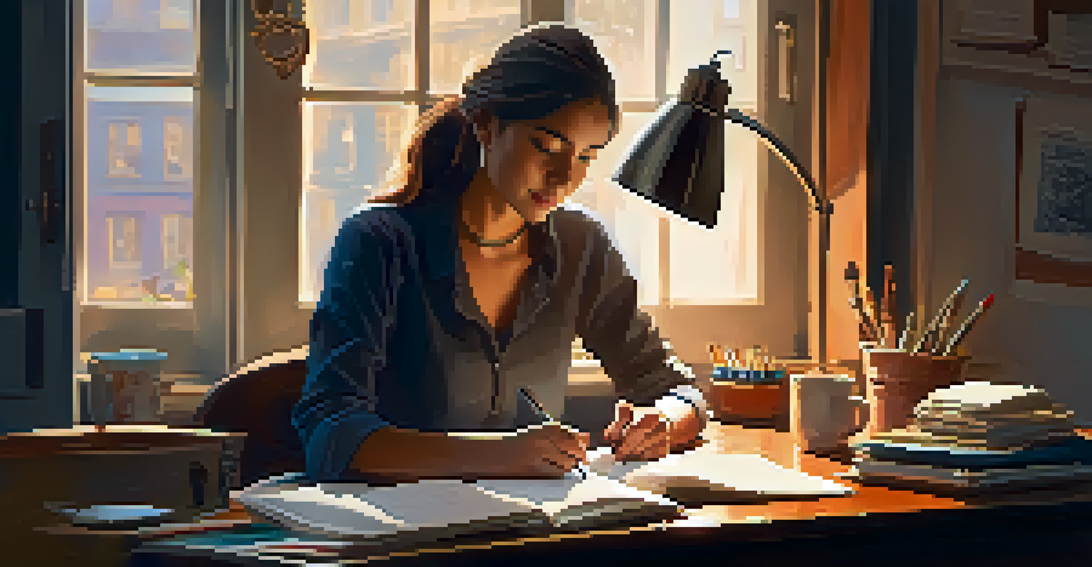 A person writing in a journal at a desk filled with motivational quotes and a cup of tea, in a warm, reflective setting.