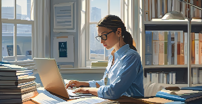 A woman studying for a certification exam at a modern desk, surrounded by books and a laptop, with natural light coming through a window.