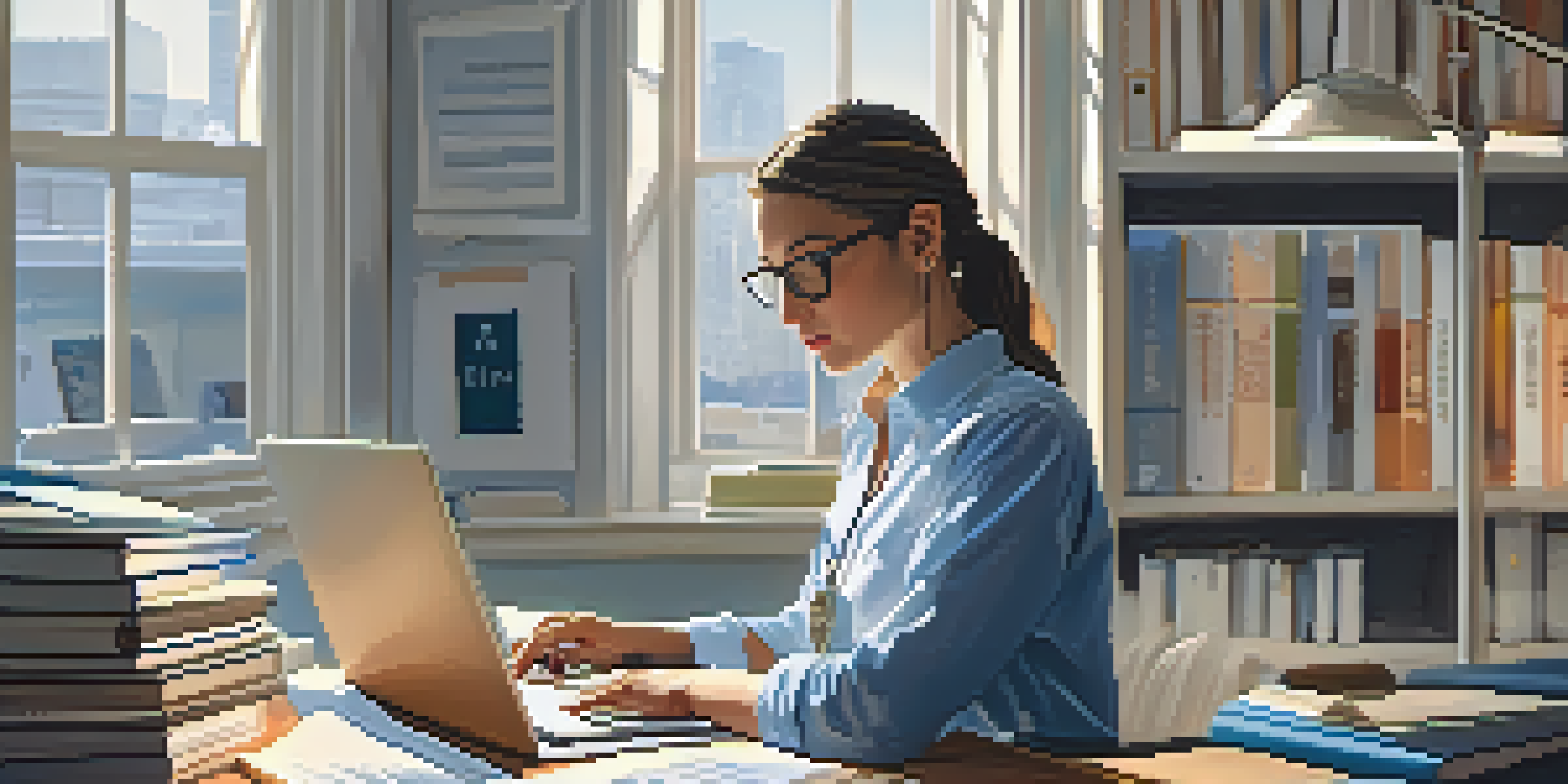 A woman studying for a certification exam at a modern desk, surrounded by books and a laptop, with natural light coming through a window.