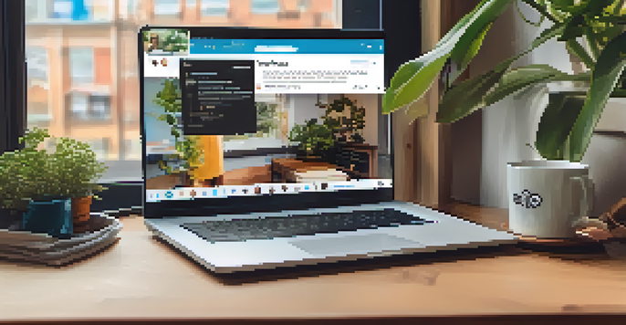 A cozy workspace with a laptop showing a professional Twitter profile setup, including a vibrant profile picture and concise bio.