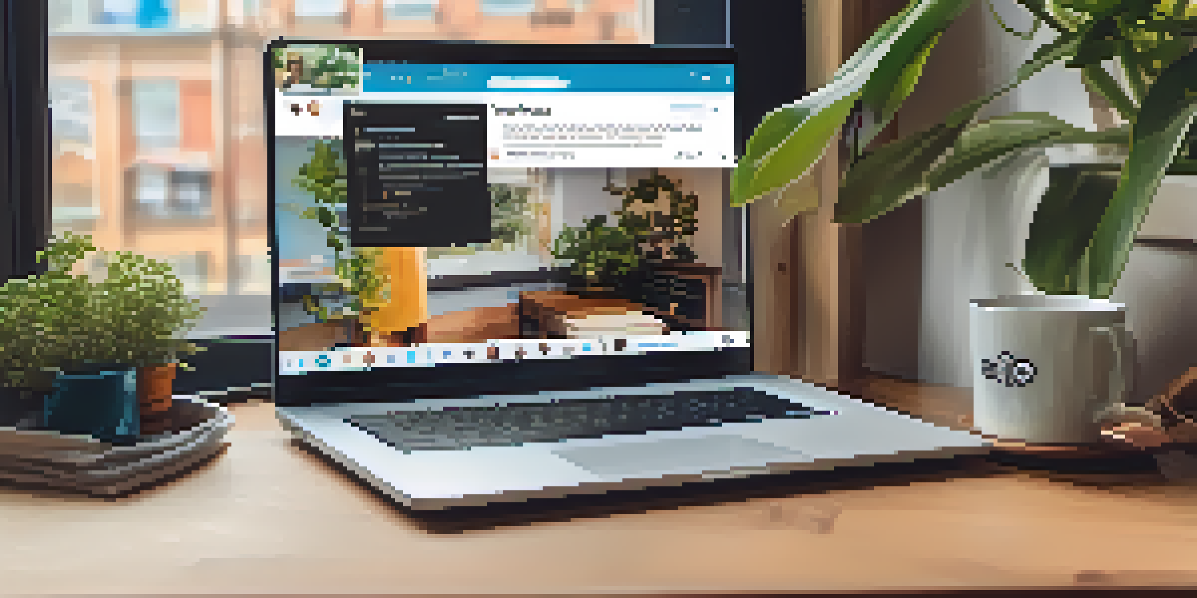 A cozy workspace with a laptop showing a professional Twitter profile setup, including a vibrant profile picture and concise bio.