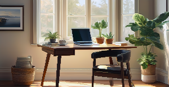 A cozy home office with a wooden desk, laptop, potted plant, and a cup of coffee, illuminated by natural sunlight from a large window.