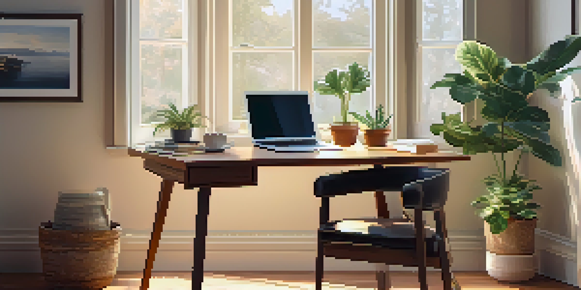 A cozy home office with a wooden desk, laptop, potted plant, and a cup of coffee, illuminated by natural sunlight from a large window.