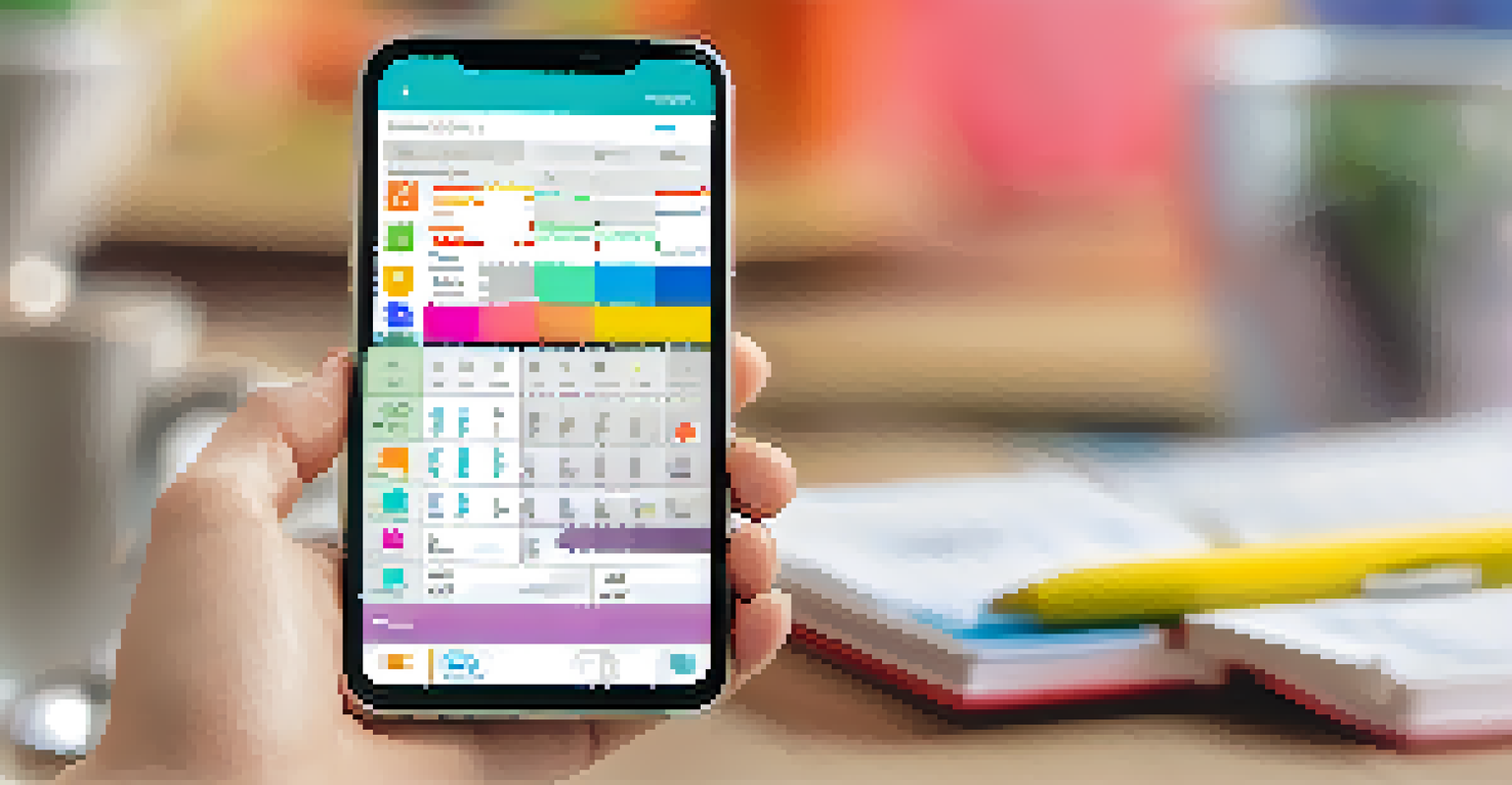 A hand holding a smartphone with a task management app on the screen, set against a blurred workspace.