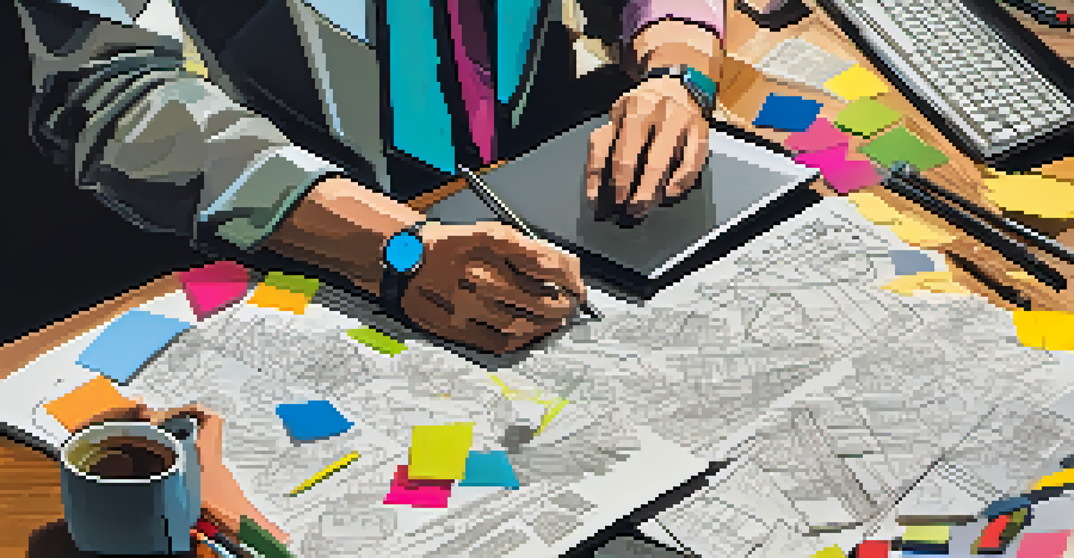 Close-up of hands typing on a laptop with sketches and notes around, representing the creative brainstorming process.