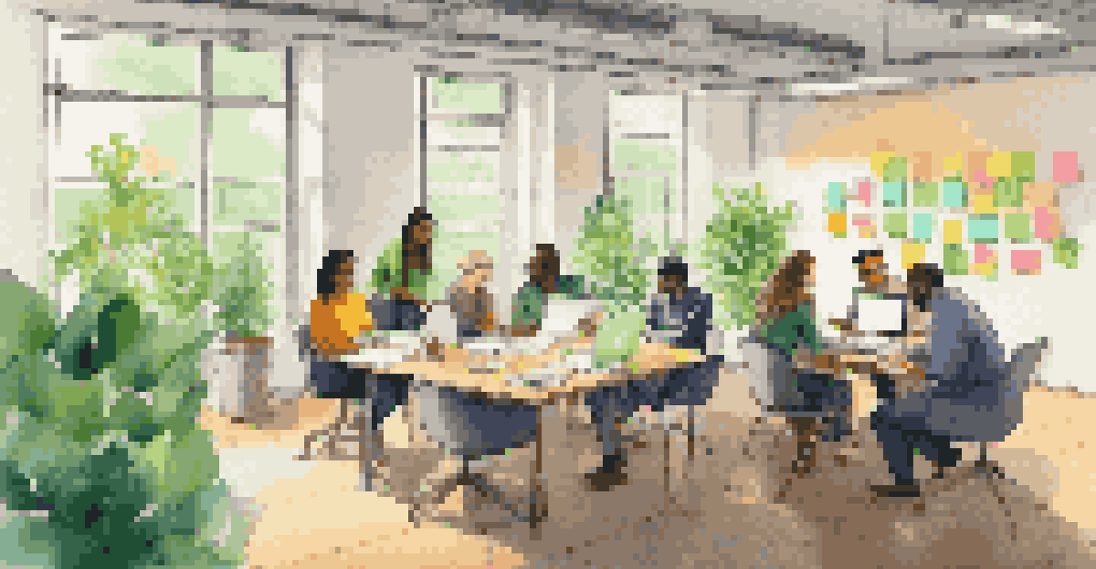 Employees collaborating on a sustainability project in an office, surrounded by plants and colorful sticky notes, fostering creativity.
