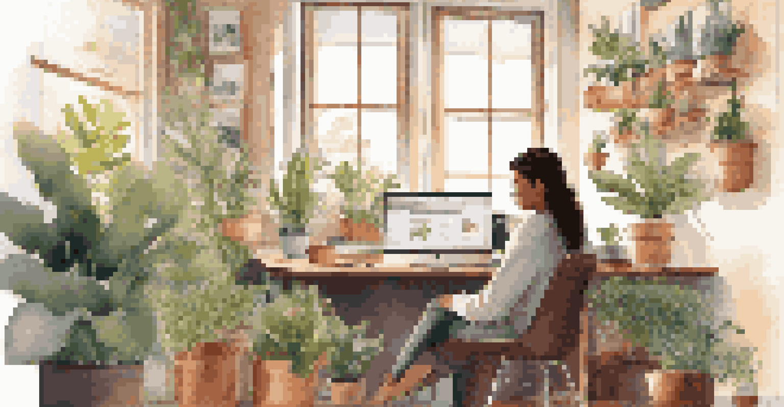 A young professional in a cozy workspace, video calling a mentor, surrounded by plants and motivational quotes.