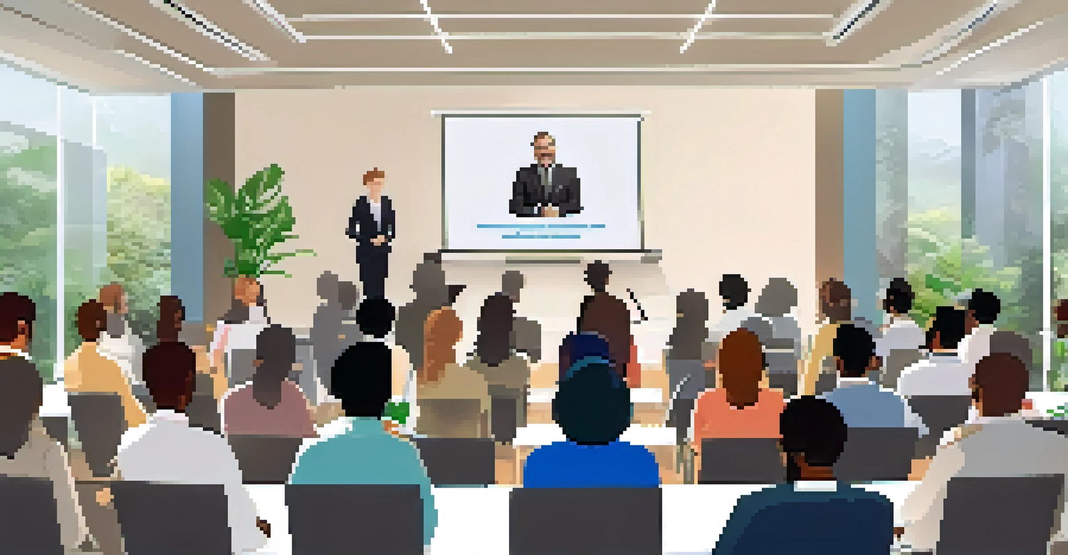 A leader presenting to a diverse audience in a modern conference room, with a digital presentation and engaged listeners.