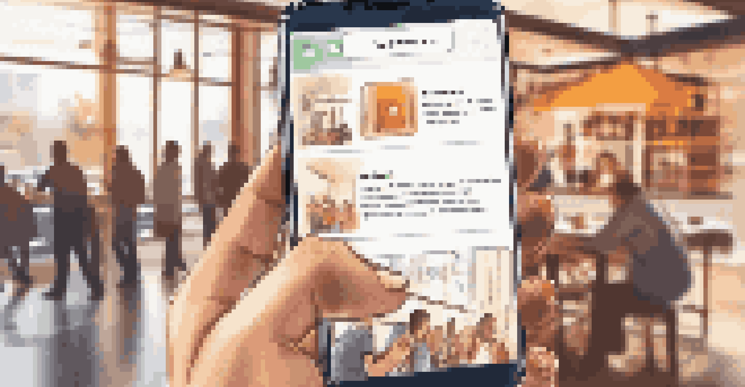 A hand holding a smartphone displaying a networking app, with a busy café background filled with people working.