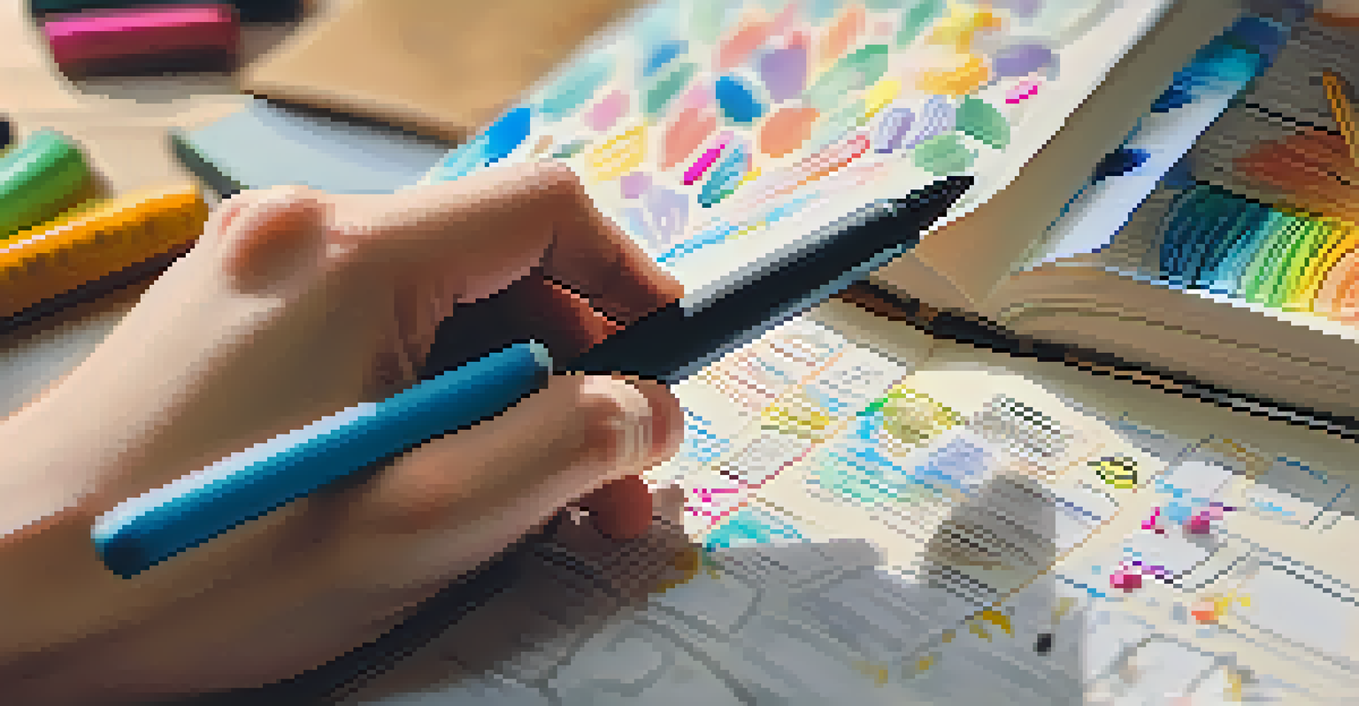 A close-up of a hand writing in a colorful journal with art supplies around, under warm lighting.