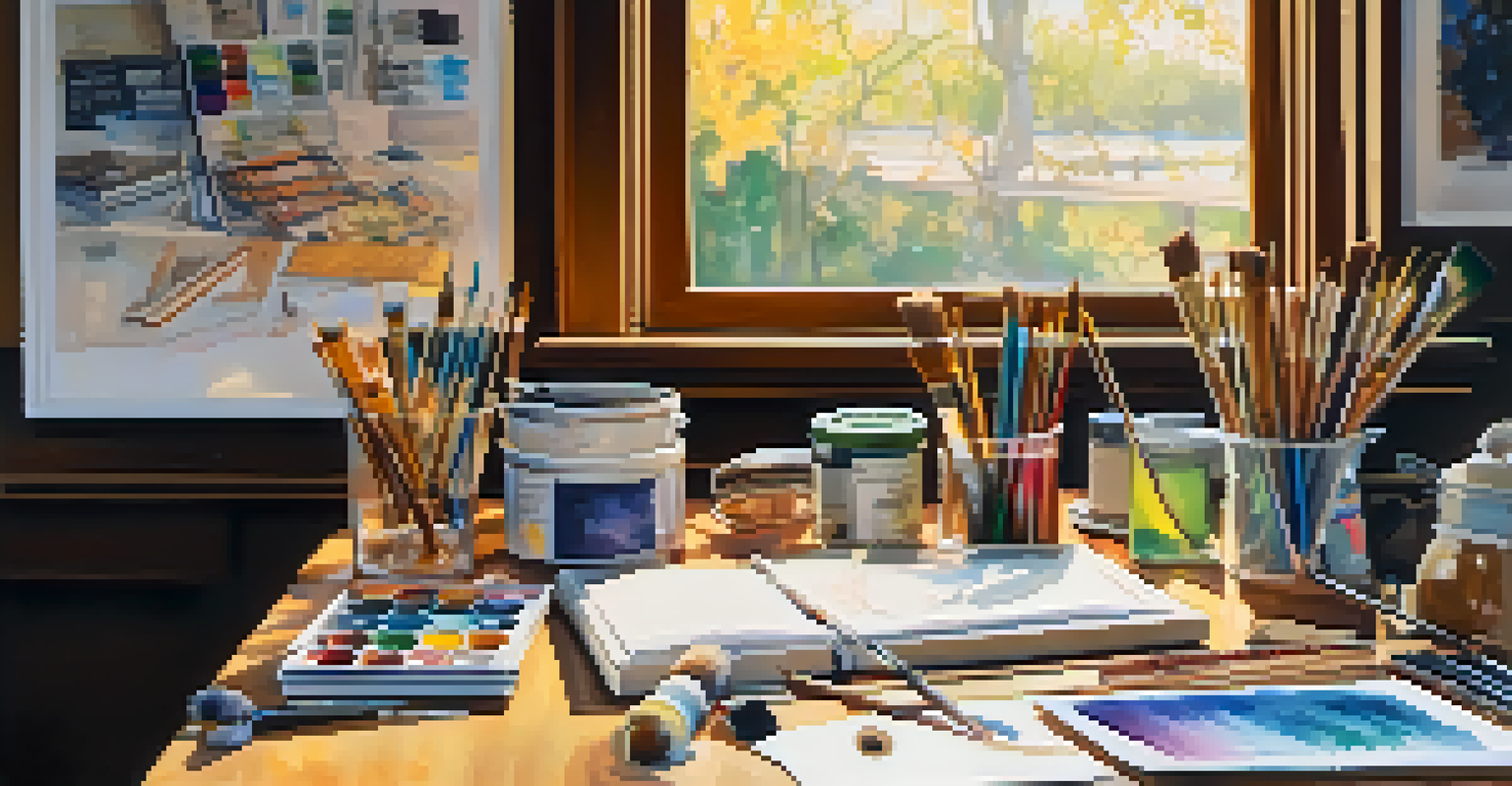 An artist's workspace filled with colorful art supplies and sketches, illuminated by warm light.
