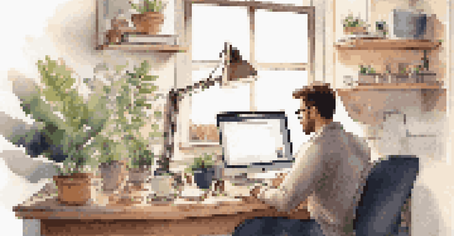 An employee focused on their laptop at a well-decorated desk with personal items and a coffee cup.