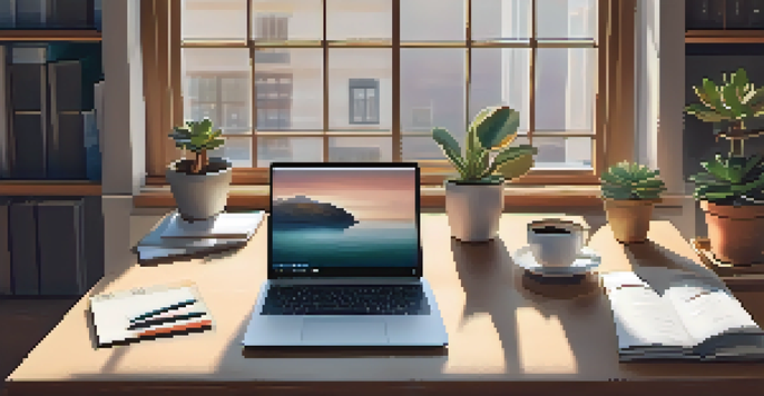 A cozy workspace with a wooden desk, laptop, stationery, a succulent plant, and a cup of coffee, illuminated by soft natural light.