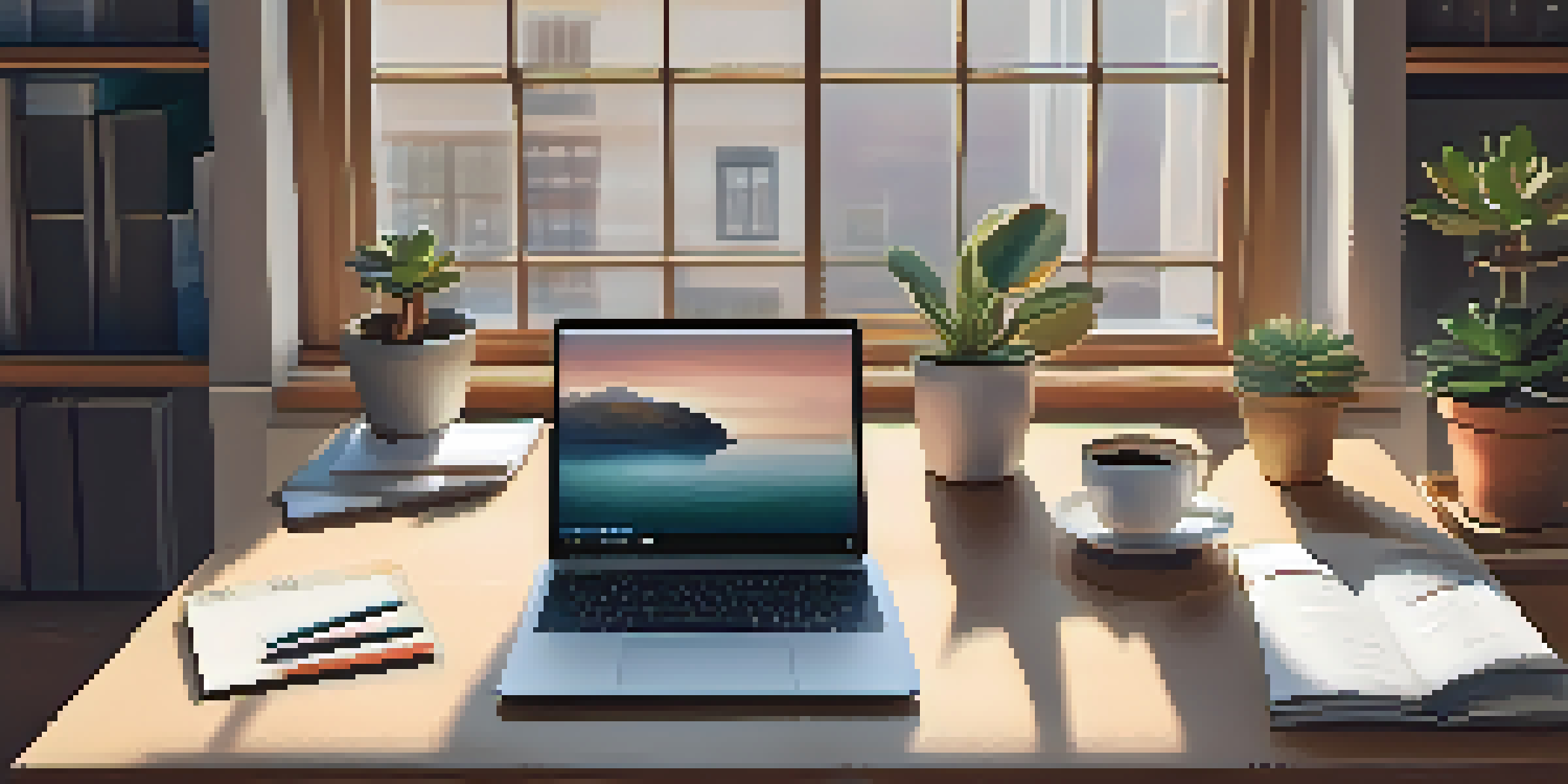 A cozy workspace with a wooden desk, laptop, stationery, a succulent plant, and a cup of coffee, illuminated by soft natural light.