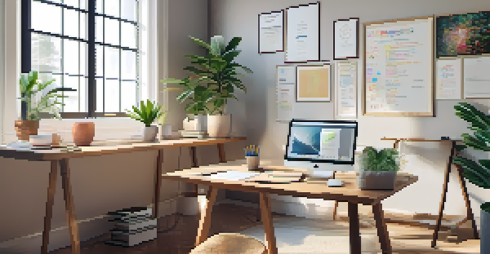 A bright and organized office with a wooden desk, laptop, potted plant, and a window with natural light, featuring motivational quotes on the walls.
