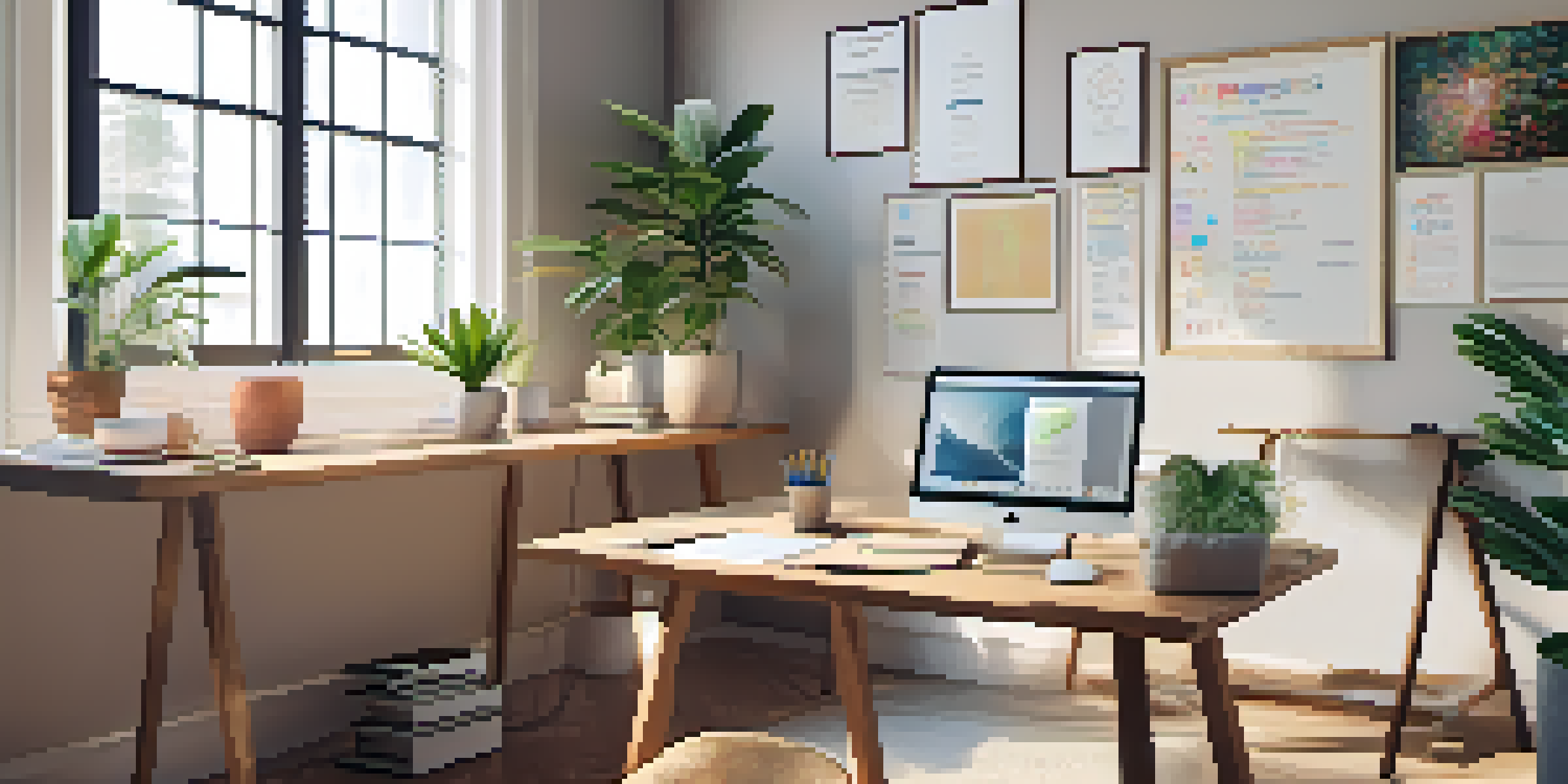 A bright and organized office with a wooden desk, laptop, potted plant, and a window with natural light, featuring motivational quotes on the walls.