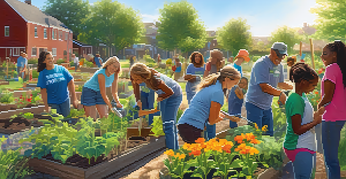A diverse group of volunteers engaged in a community garden project, showcasing teamwork and collaboration.