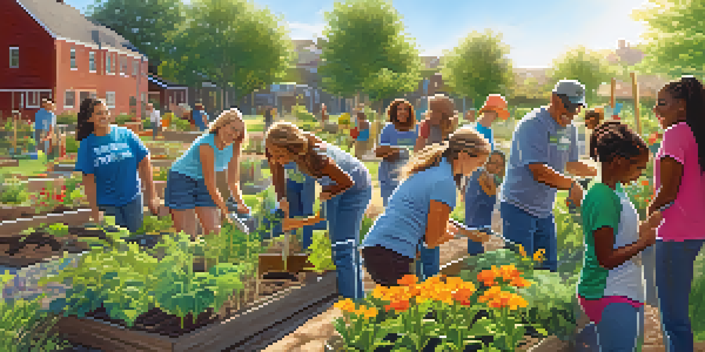 A diverse group of volunteers engaged in a community garden project, showcasing teamwork and collaboration.
